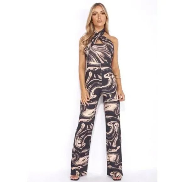 Marble Print Sleeveless Halter Neck Open Back Wide Leg Jumpsuit - Picture 15 of 17